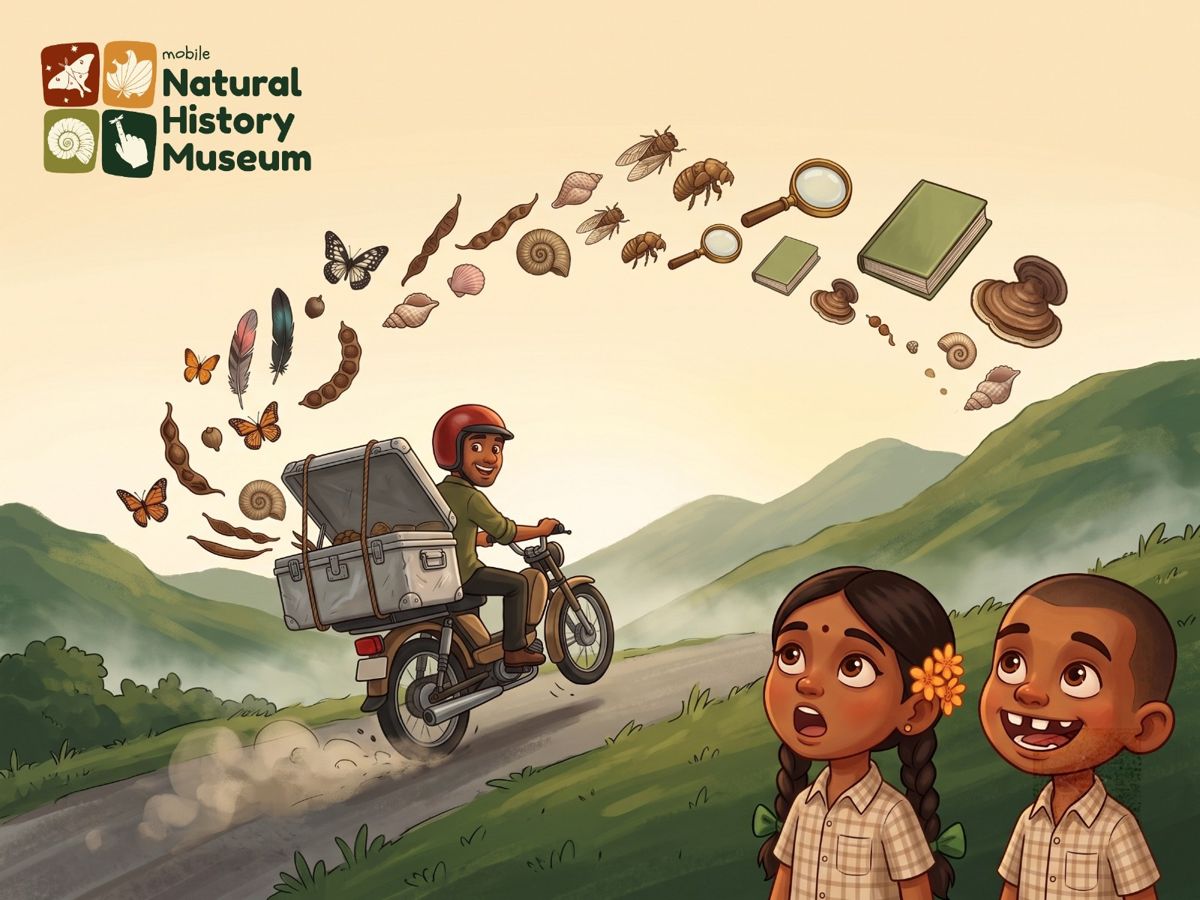 A nature educator rides a motorbike over green hills, a trunk on the back, specimens flying out behind him