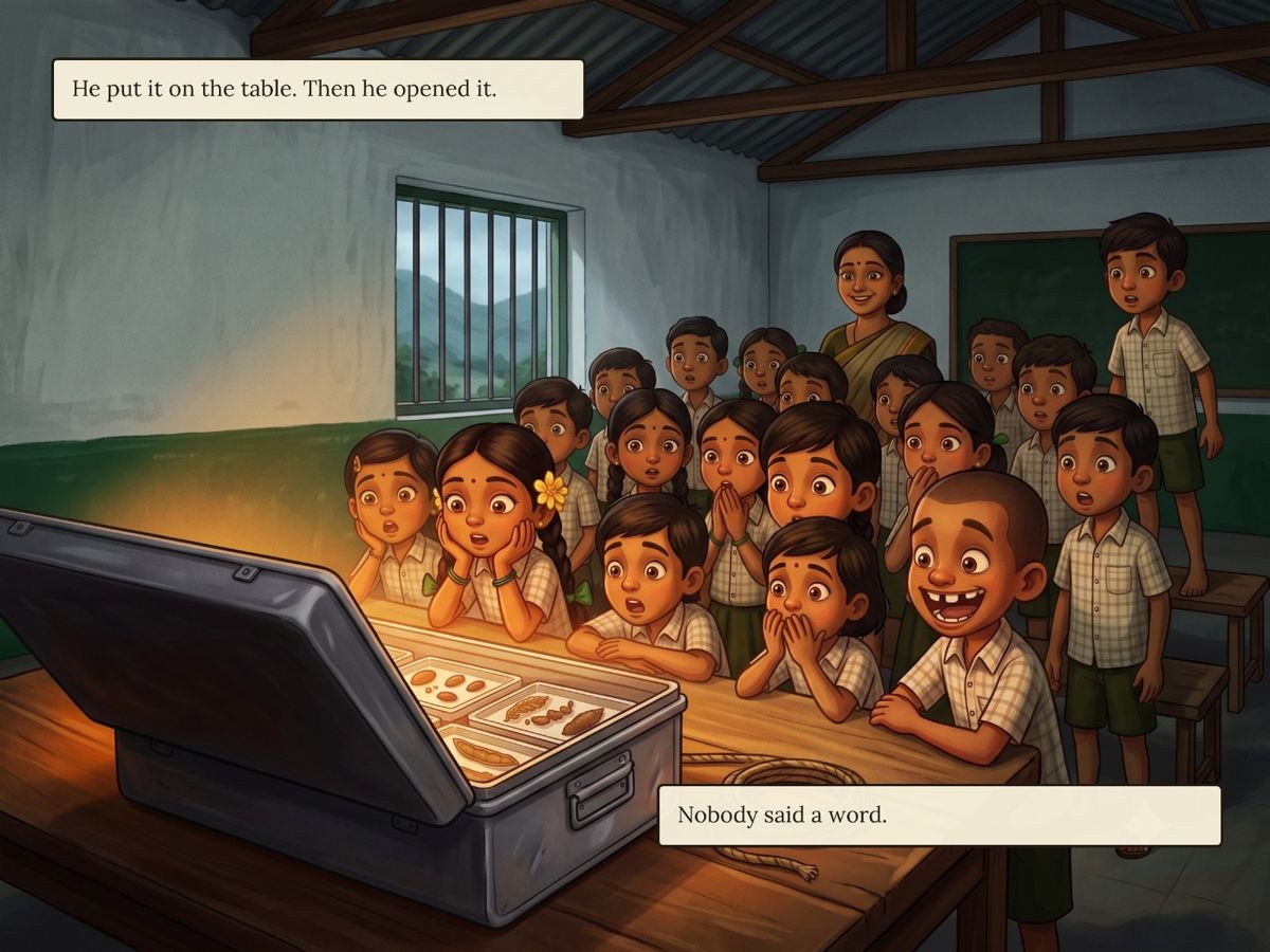 Wide-eyed children crowd around the open trunk on a classroom table