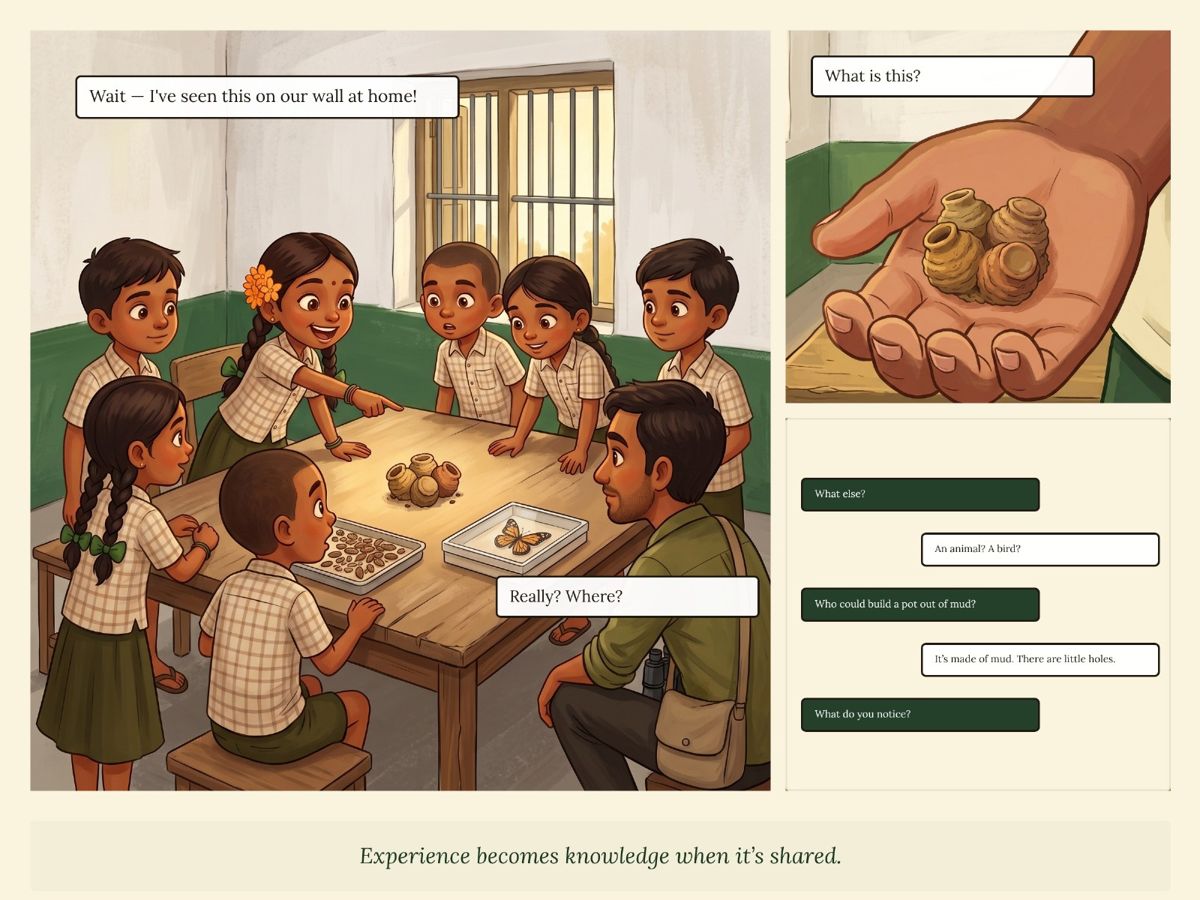 Children gather around a table with mud pots made by potter wasps, asking questions