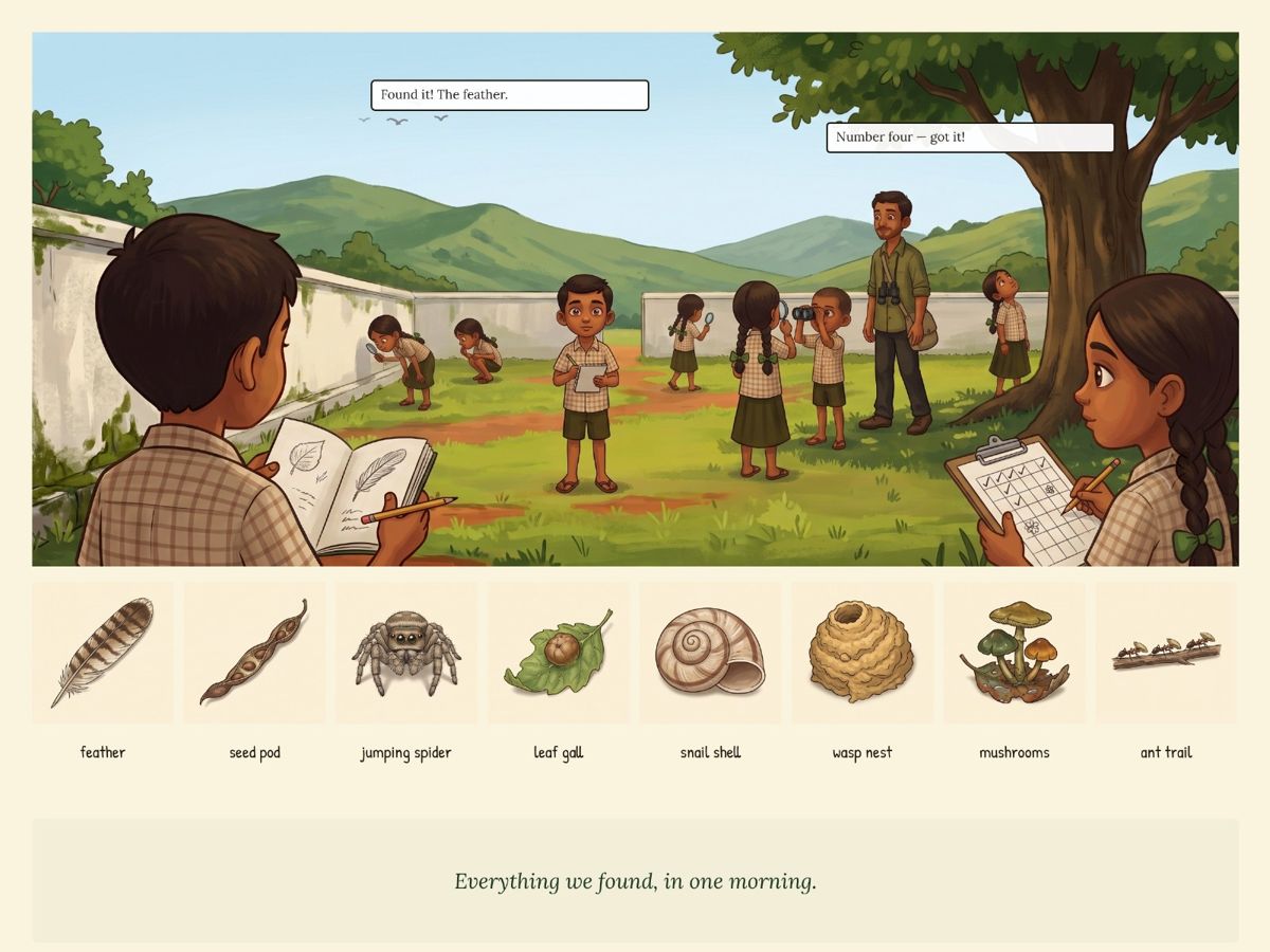 Children explore the school grounds with notebooks and magnifying glasses; below, the eight things they found