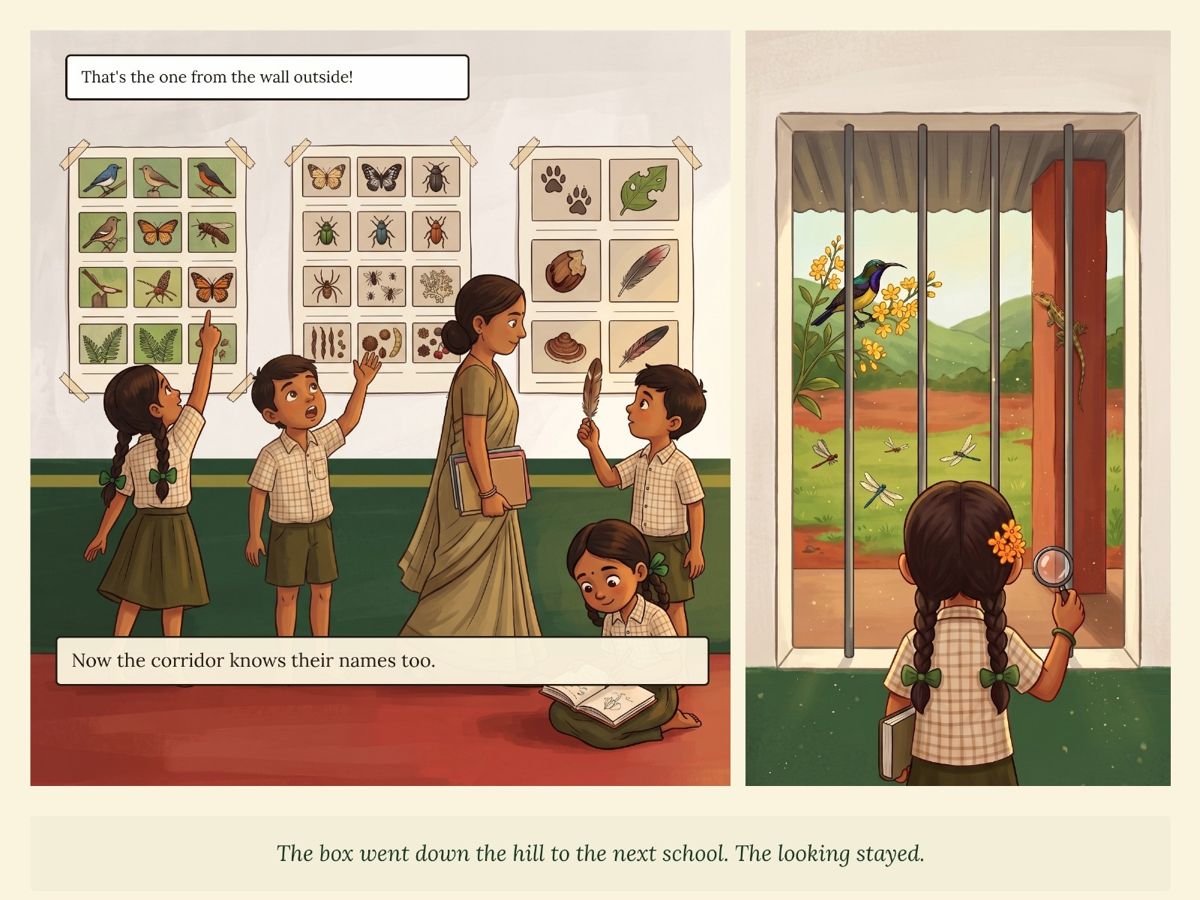 Children point at charts of the specimens in the corridor; a girl looks out at a sunbird through the window